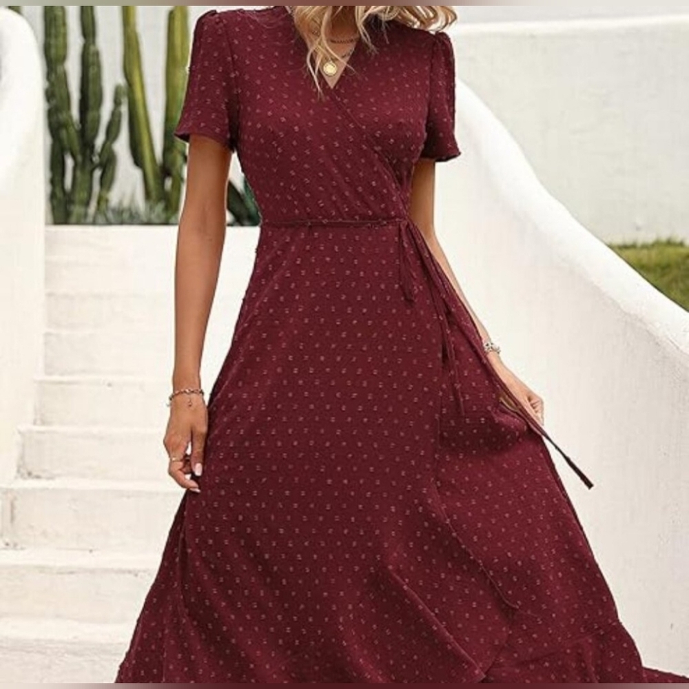 Swiss Dot Burgundy Wrap Dress - Picture 11 of 11